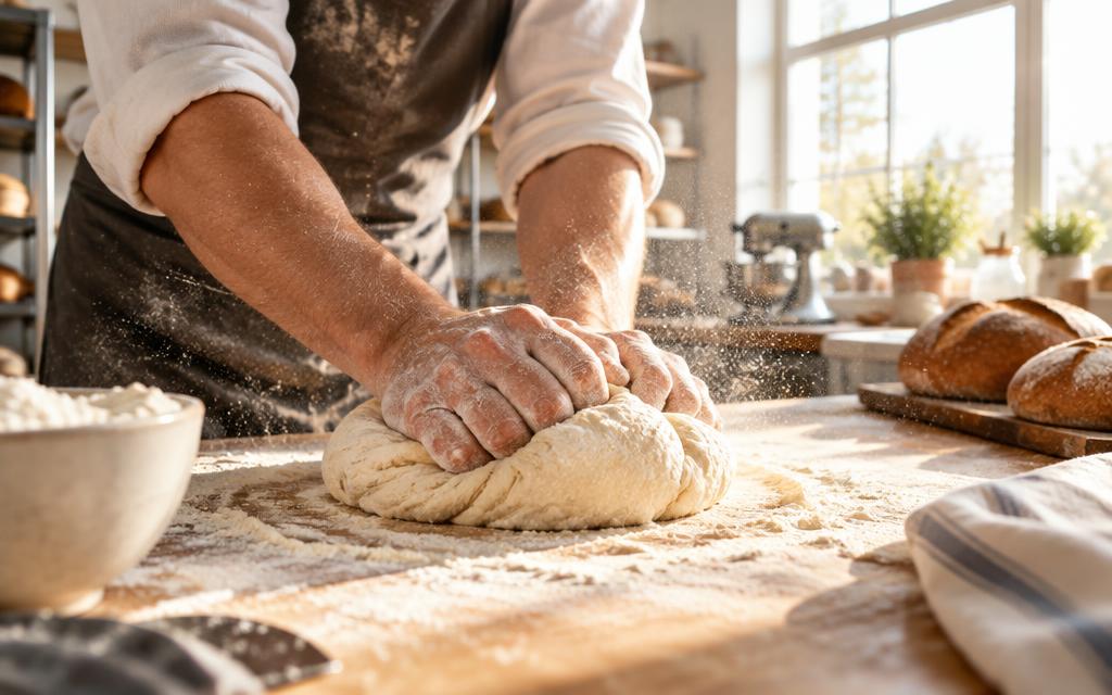 Hands kneading bread dough in a bright bakery kitchen with flour in the air