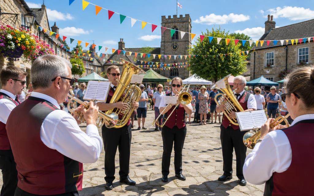 A brass band playing in a village square beneath festival bunting