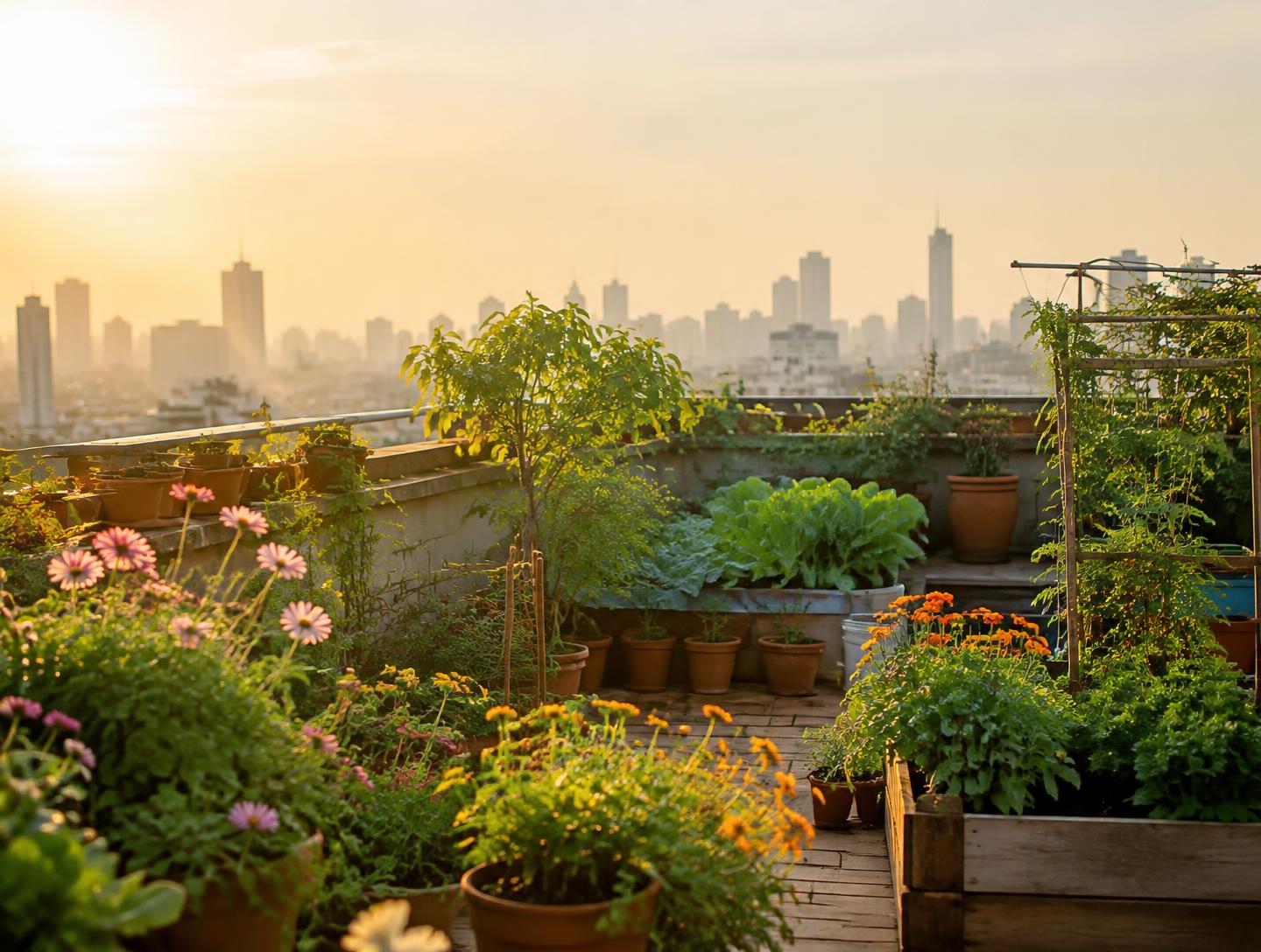 A sunlit rooftop garden full of blooming pots above a hazy city skyline