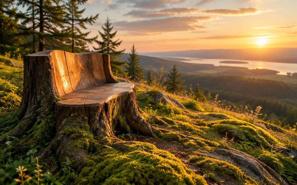A carved tree stump bench on a mossy hilltop at sunset