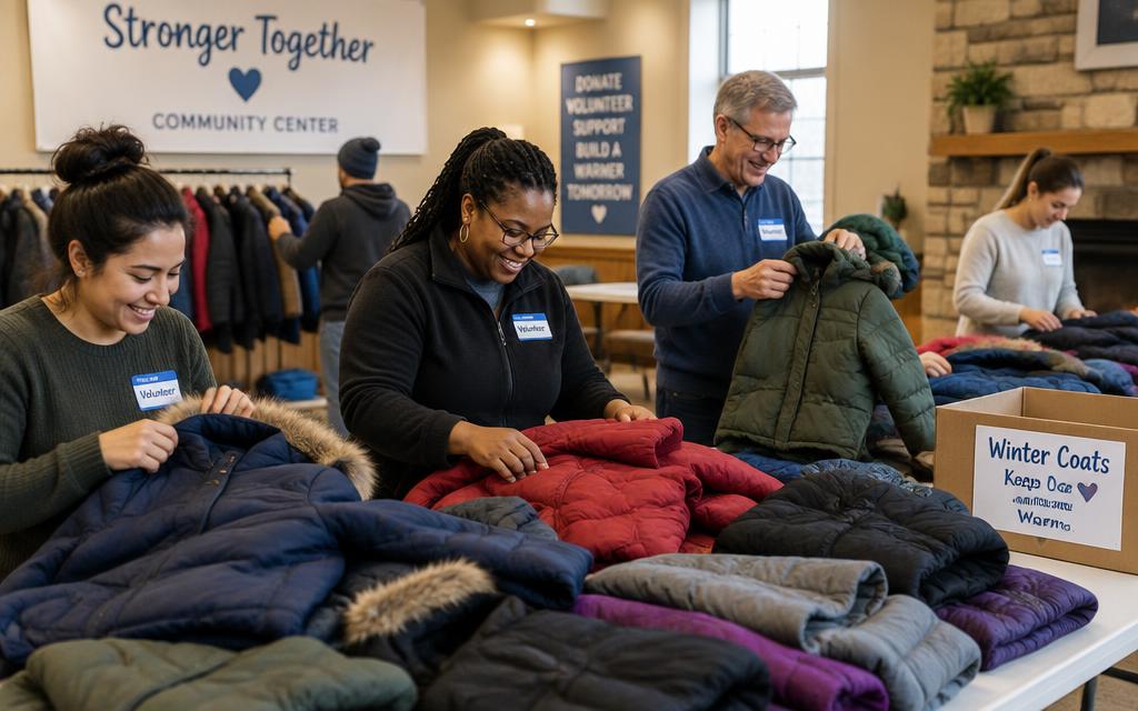 Volunteers sorting donated winter coats on tables in a community center