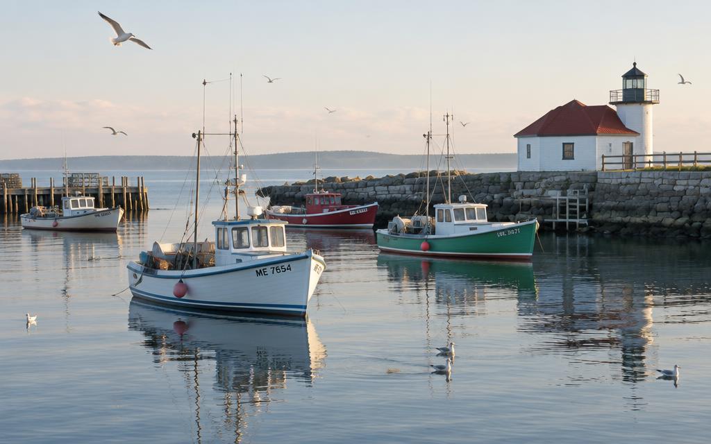 A calm harbor with small fishing boats and a white lighthouse at dawn