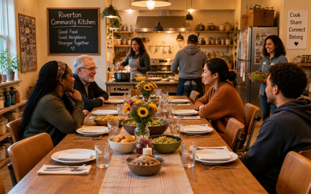 A warmly lit community kitchen with a long shared table set for a meal