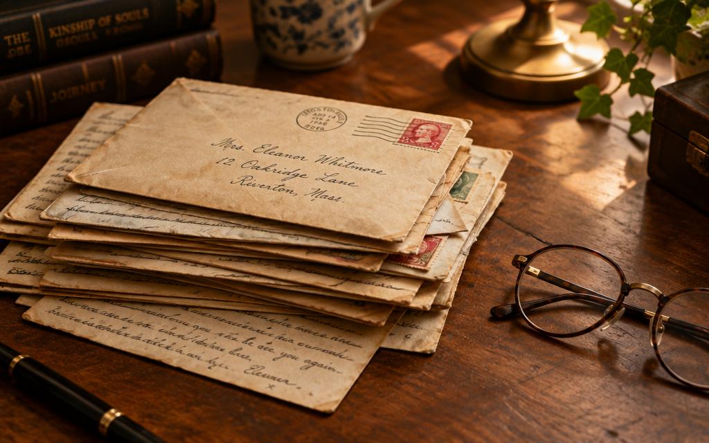 A stack of old handwritten letters and envelopes on a wooden desk
