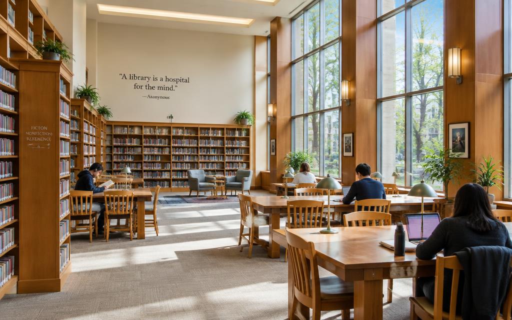 A bright library reading room with tall windows and wooden shelves
