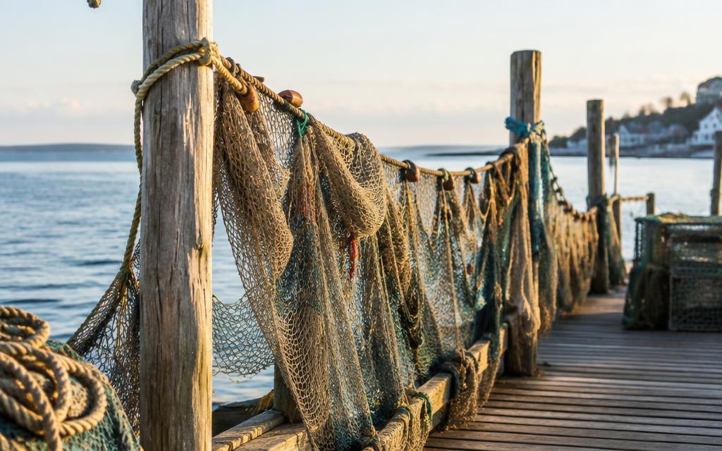 Mended fishing nets hung to dry along a wooden pier