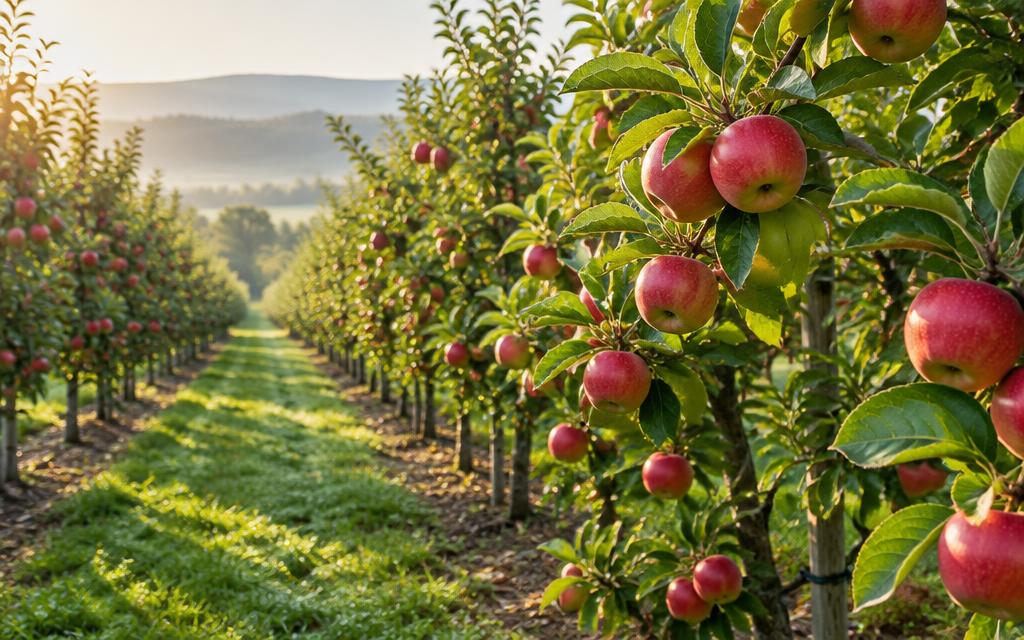 Rows of an apple orchard heavy with ripe fruit in morning light