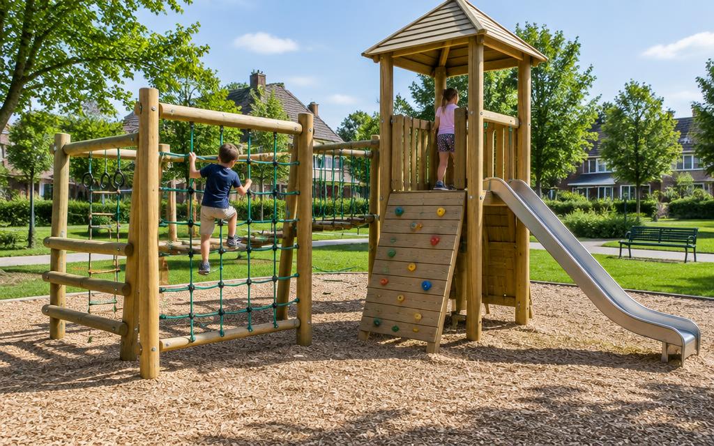 A new wooden playground with a climbing frame and slide in a park