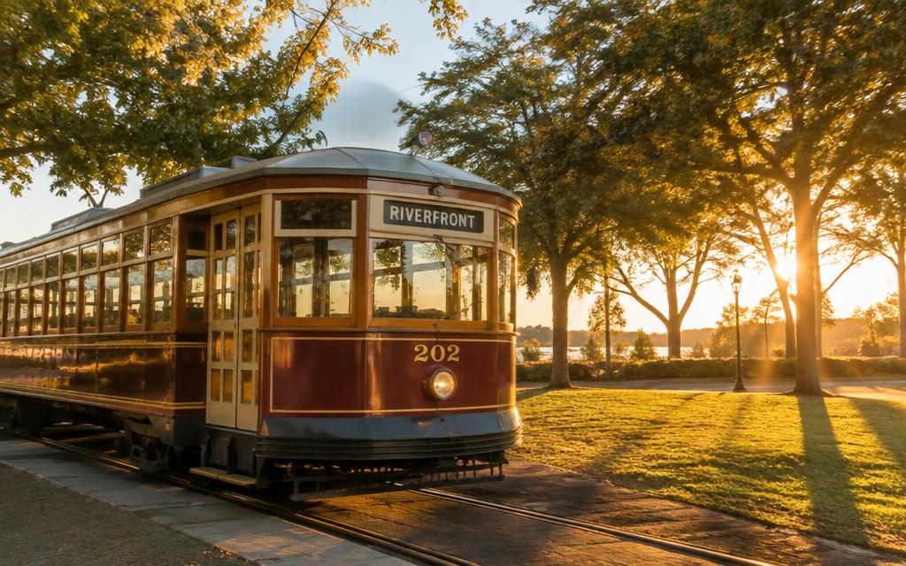 A restored maroon vintage streetcar in a park at golden hour