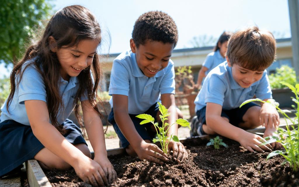 Schoolchildren planting seedlings in a sunny garden bed